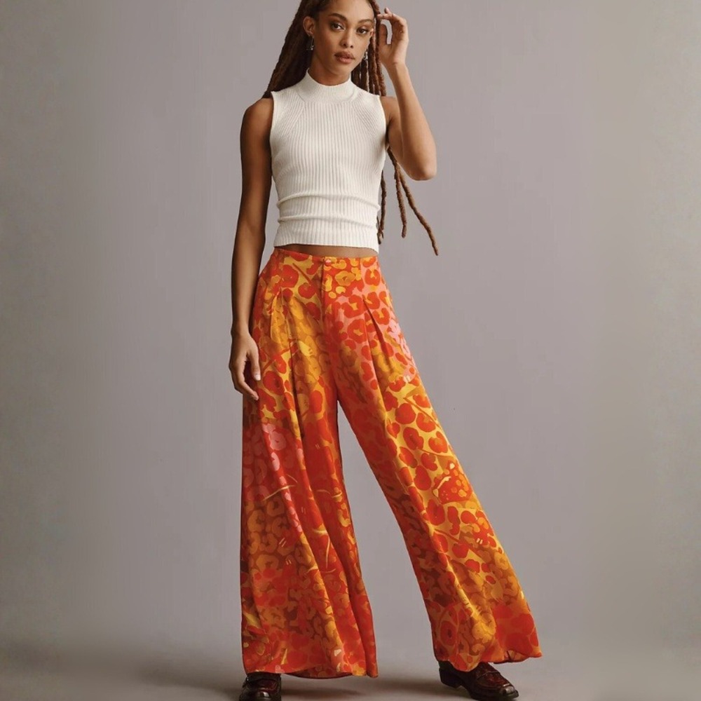 Farm Rio x Anthropologie Printed‎ Satin Wide-Leg Pants NWT Size L Pink Leopard